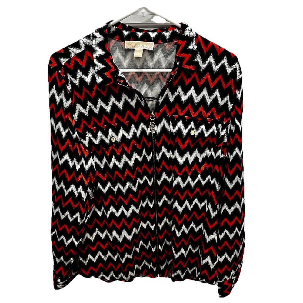 Michael Michael Kors Red Black Ikat Chevron Zip Front Roll Tab Shirt Size 12